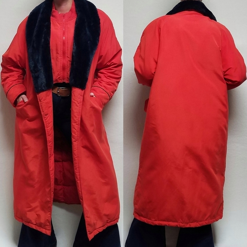 Rare Vintage 70s The Company Store Orange Quilted Navy Blue Faux Fur Trench Coat